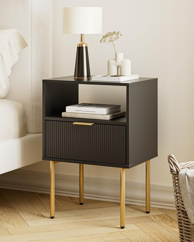 Aienvey Night Stand, Modern Nightstand with Drawers, Bedside Table, Gold Small Side Table for Bedroom, Living Room End Table (Black Stripe, 1 Drawer)