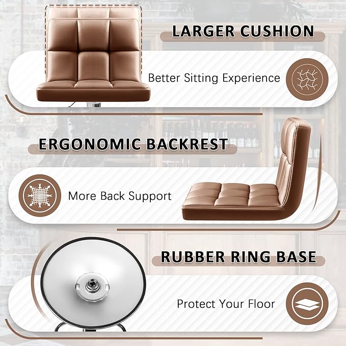Homall Bar Stools Modern PU Leather Adjustable Swivel Barstools, Armless Hydraulic Kitchen Counter Bar Stool Extra Height Square Island Barstool with Back Set of 2 (Leather, Brown)