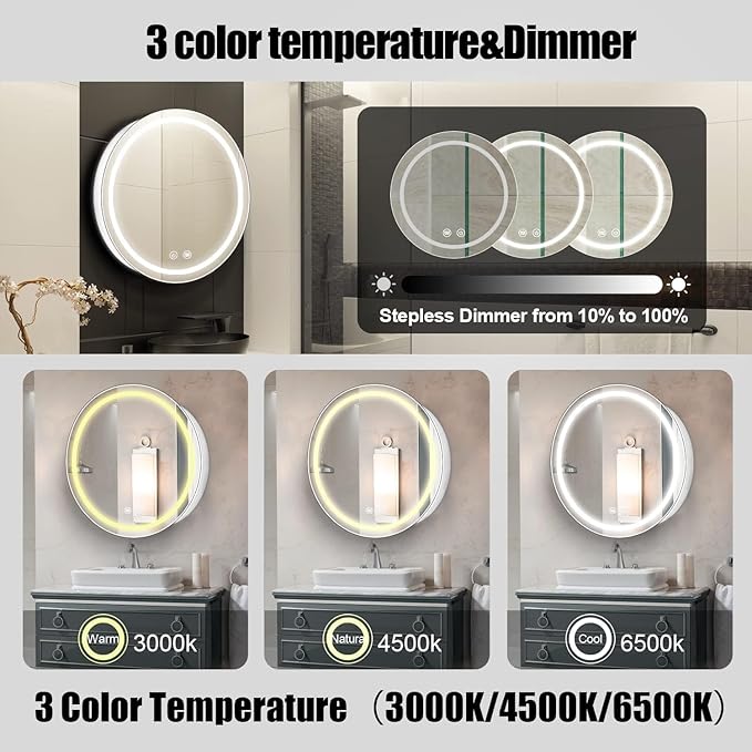 30 inch Round Medicine Cabinet with Lights,Led Medicine Cabinet with Defogger,Illuminated Mirror Cabinet for Bathroom,Dimmable,Defogger,3 Color Temperature 3000k-6500k White