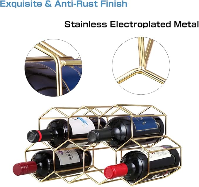 Buruis 9-Bottle Countertop Wine Rack, Honeycomb Metal Wine Holder for Red & White Wines, Standing Bottle Organizer for Home, Kitchen, or Bar, Gold