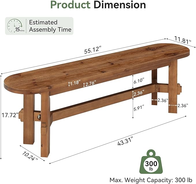 Solid Wood Dining Bench, 55" Wooden Entryway Bench with Thick Block Seat, Farmhouse Rustic Indoor Bench for Dining Table, End of Bed, Hallway, Bedroom, Living Room