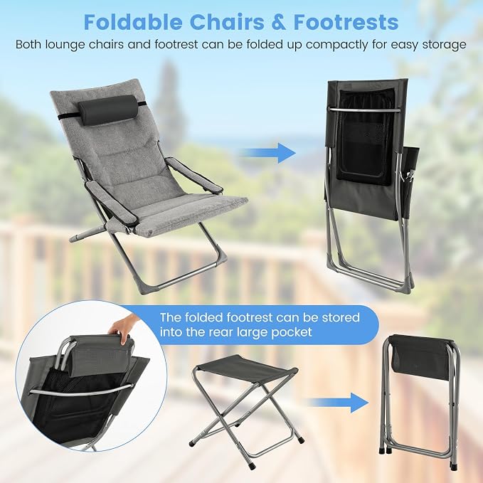 Giantex 5-Piece Patio Bistro Set, Folding Lounge Chairs with Footrest Stool & Side Table, Removable Cushion, Headrest, Armrest, Outdoor Conversation Furniture for Porch Balcony Yard Pool