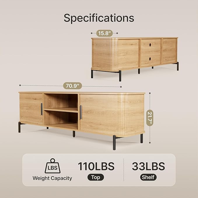 SUNCOZE 70" Mid-Century Fluted TV Stand with Storage, Modern Entertainment Center for TVs up to 80 Inch with Sliding Tambour Doors & Open Shelves, Media Console for Living Room or Bedroom, Wood