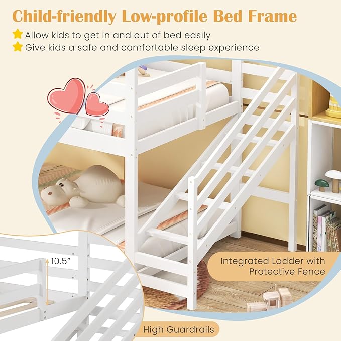 Giantex Twin Bunk Beds with Stairs, Floor House Bed with Roof & Window, Solid Wood Twin Over Twin Bunk Bed with Full-Length Guardrails and Steps, Space-Saving House Bed for Kids, Girls, Boys, White