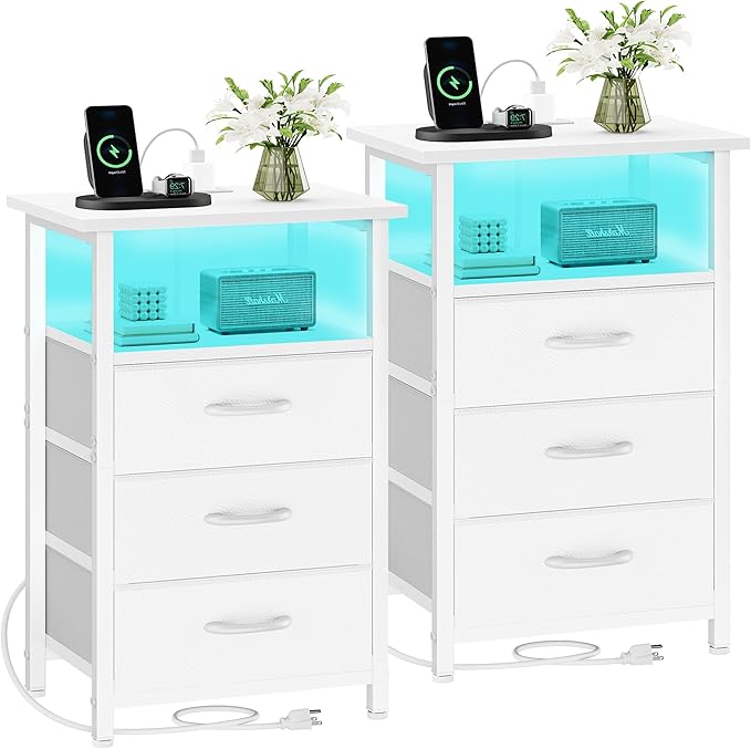 Vagusicc Night stand Set 2 with Charging Station, LED Nightstand for Bedroom, White Bedside Table with 3 Fabric Drawer, End Table Side Table with USB Ports & Outlets, Bed Side Table for Bedroom, White