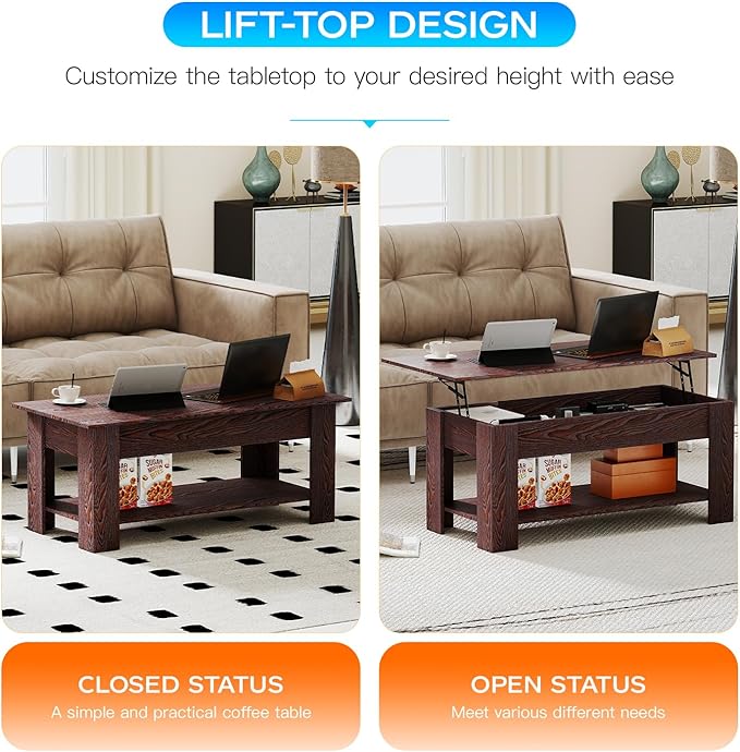 FDW 39 inch Lift Top Coffee Table with Hidden Storage Compartment & Lower Shelf,Coffee Table with Lift Top for Living Room,Home Small Space,Espresso