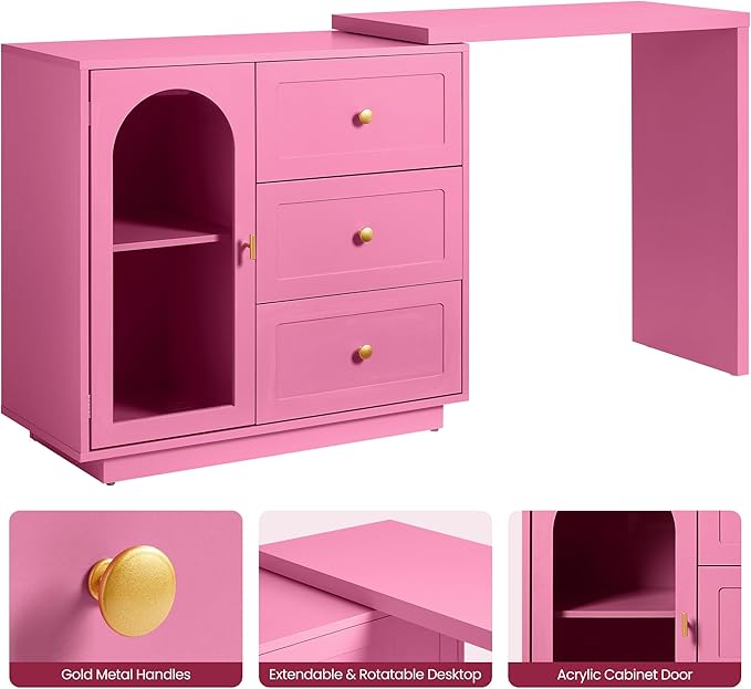 RoyalCraft 59" Makeup Vanity Desk, Pink Vanity Dresser, L Shaped Corner Vanity Table with 3 Drawer & 1 Door, Modern Extendable Dressing Table for Bedroom, Dressing Room, Small Space (Without Mirror)