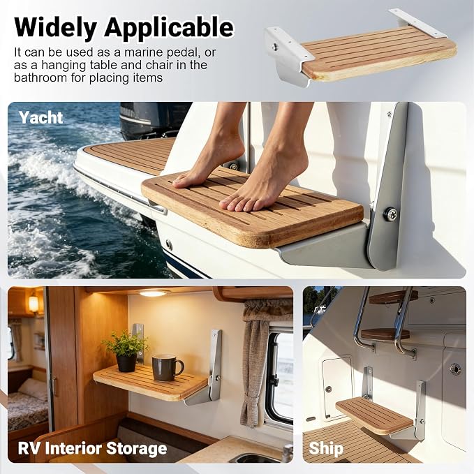 Boat Fold-Up Footrest,Wall Mounted Teak Footrest - Space Saving Folding Step for Boat, RV, Yacht, and Home Use, 12"x7.5"x6"