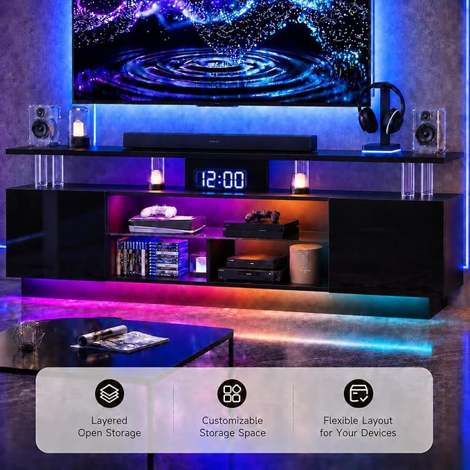 80” High-Glossy TV Stand with 2 Side Cabinets, Storage Entertainment Center, Modern Stylish TV Console with 3 Layer LED Lights&Power Outlets,Remote&APP Control for Living Room Use Black