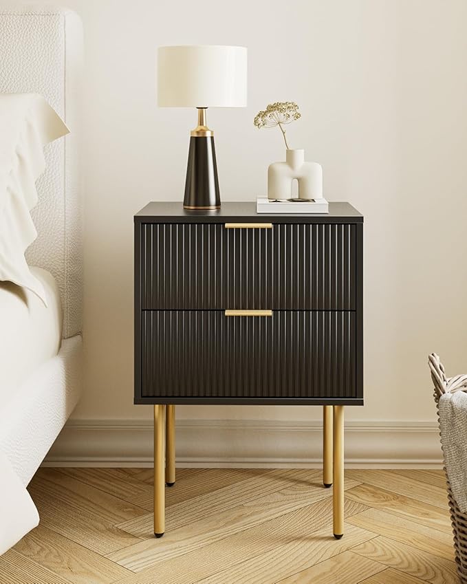 Aienvey Night Stand, Modern Nightstand with Drawers, Bedside Table, Gold Small Side Table for Bedroom, Living Room End Table (Black Stripe, 2 Drawers)