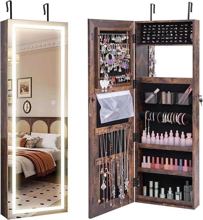 CHARMAID LED Mirror Jewelry Cabinet, 47.2'' Jewelry Armoire with Adjustable Lighted Full Length Mirror, Wall Mounted or Door Hanging, Lockable Jewelry Organizer Storage (Rustic Brown, 47.2''H)