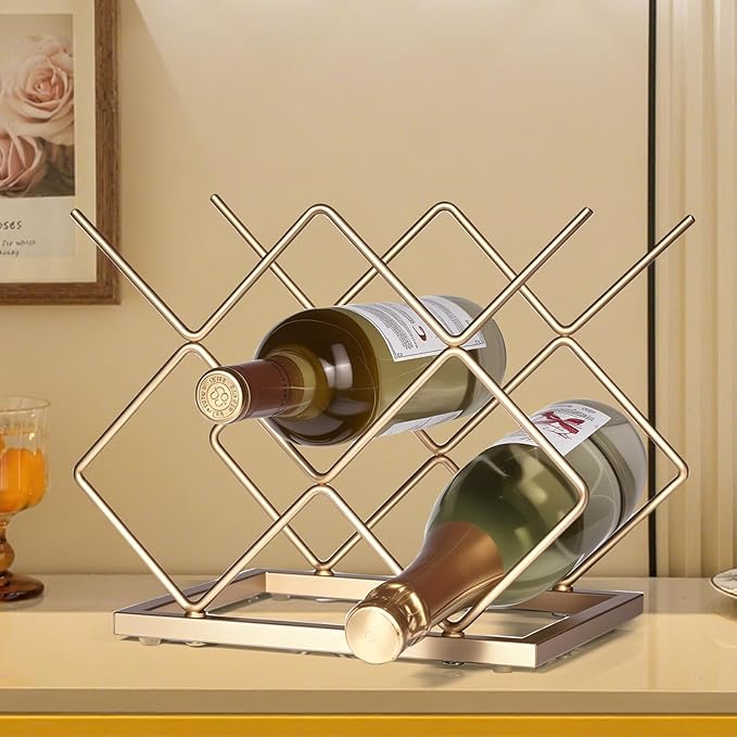Countertop Wine Rack - 5 Bottle Freestanding Modern Gold Metal Small Wine Rack - Tabletop Wine Holder Stand for Cabinet, Pantry, Wine Bottle Storage… (Large Size-Gold 5btl)