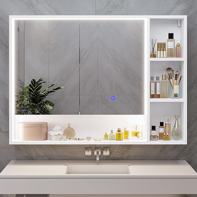 Hasuit Lighted Medicine Cabinet with Mirror and Shelves, Modern Bathroom Medicine Cabinet with Open Storage, Aluminum Channel LED Lights, 39.4'' x 30.7'', White