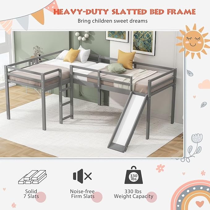 Merax Twin Size Double Loft Bed with Slide and Ladder, Wooden L-Shaped Bed Frame with Full-Length Guardrail, Wood Bedframe for Kids Teens Adults Bedroom, 2 Twin Beds, Grey