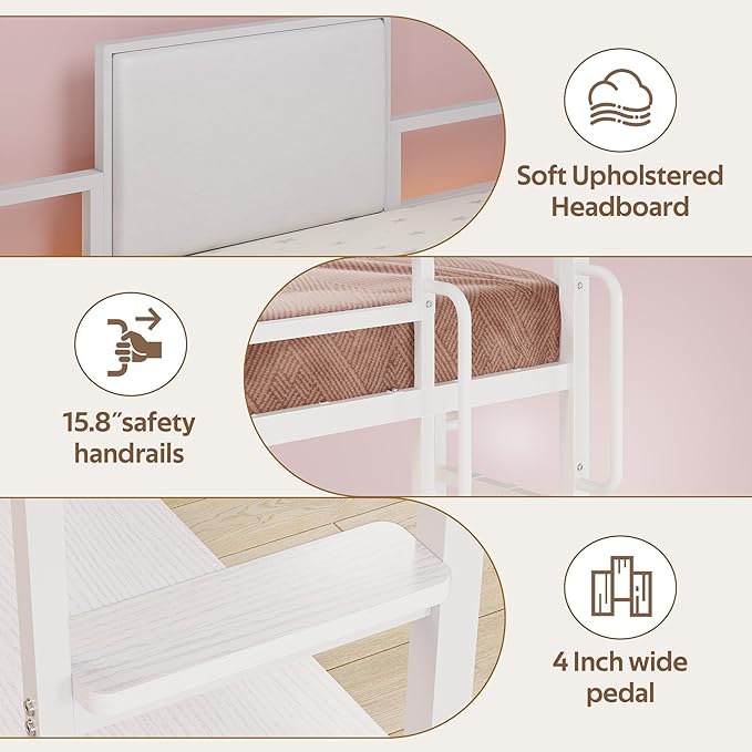 BYSAUD Loft Bed with Desk, Loft Bed Twin Size with 6 Storage Drawers & 4 Storage Shelves,Twin Loft Beds with LED Lights & Charging Station, Bunk Bed with Safety Guard, No Box Spring Needed, White