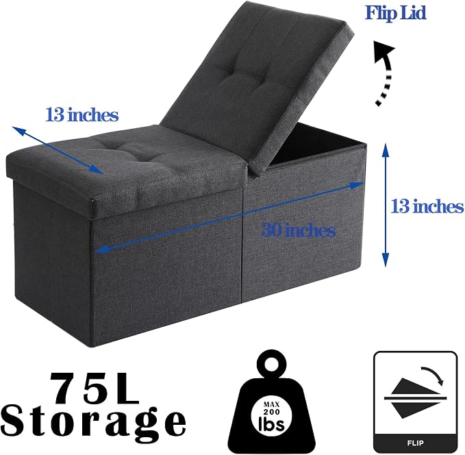 Storage Ottoman Bench Foldable Seat Footrest Shoe Bench End of Bed Storage with Flipping Lid, 75L Storage Space, 30 inches Linen Fabric White, OT026WS
