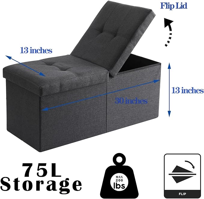 Storage Ottoman Bench Foldable Seat Footrest Shoe Bench End of Bed Storage with Flipping Lid, 75L Storage Space, 30 inches Linen Fabric Dark Grey