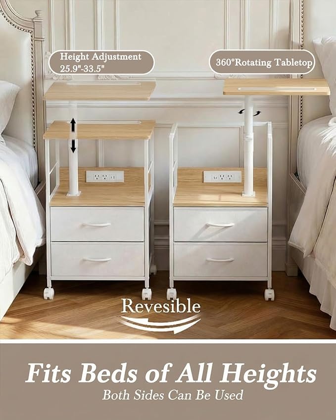 Faesun Swivel Lift Top Nightstand with Charging Station, Rolling Side Table for Recliner, Bedside Table with Wheels & 2 Fabric Drawers, for Small Spaces, for Bedroom, Living Room, Oak White