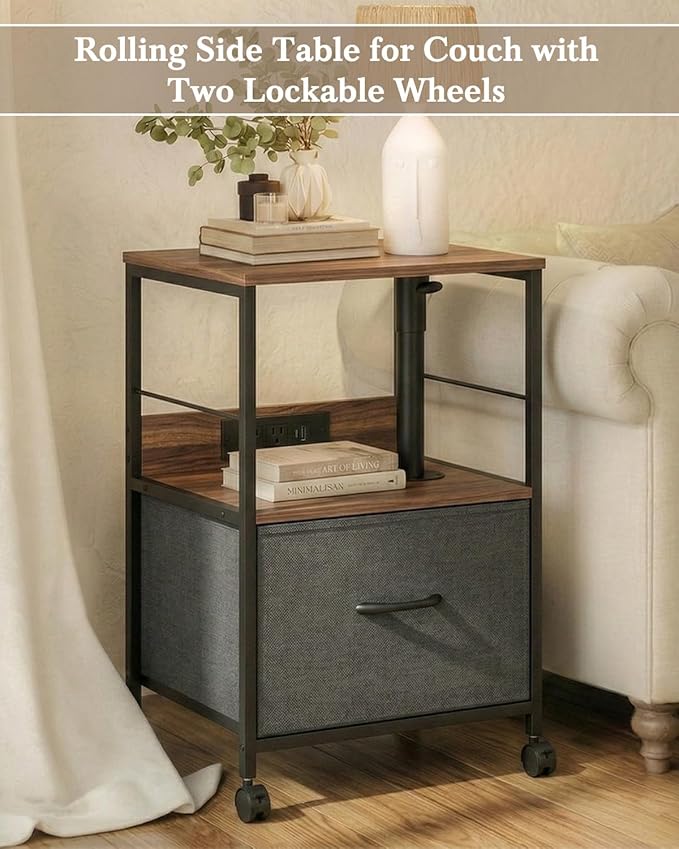 Faesun Swivel Lift Top Nightstand with Charging Station, Rolling Side Table for Recliner, Bedside Table with Wheels & a Fabric Drawer, for Small Spaces, for Bedroom, Living Room, Walnut Gray