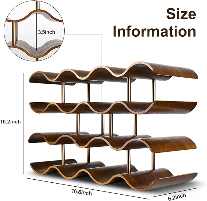 Countertop Wine Rack - 14 Bottle Freestanding Wine Bottle Holder Stand - 4 Tier Wooden Wine Storage Rack - Walnut Wavy Wine Organizer for Cabinet Pantry Home Kitchen Bar