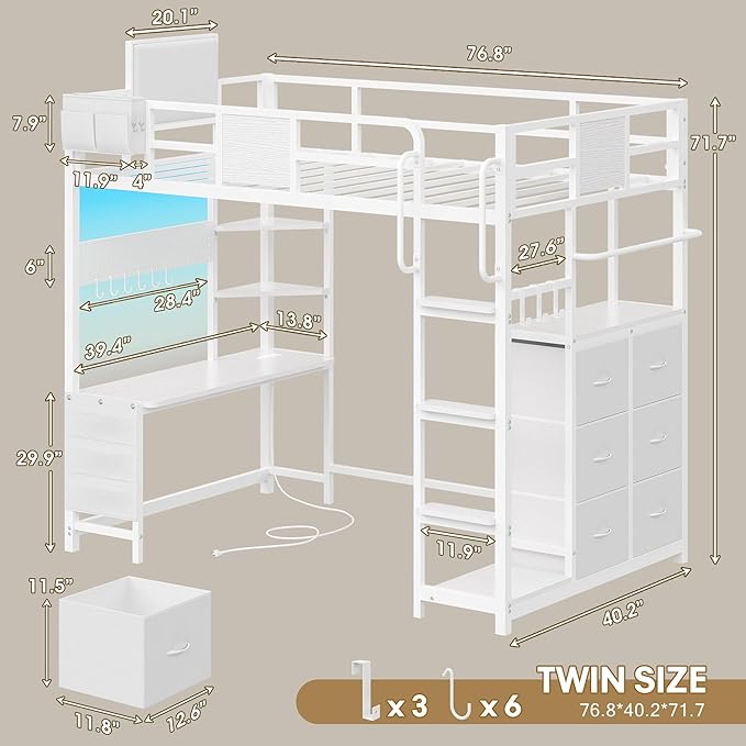 BYSAUD Loft Bed with Desk, Loft Bed Twin Size with 6 Storage Drawers & 4 Storage Shelves,Twin Loft Beds with LED Lights & Charging Station, Bunk Bed with Safety Guard, No Box Spring Needed, White