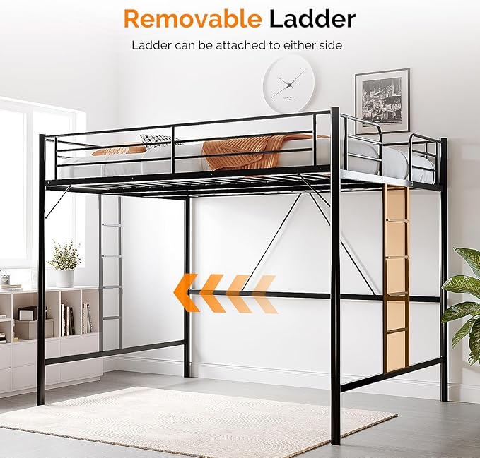 VINGLI Queen Loft Bed with Flat Rungs for Adults, Kids and Young Teens, No Box Spring Required,Heavy Duty Metal Slat Support, Black