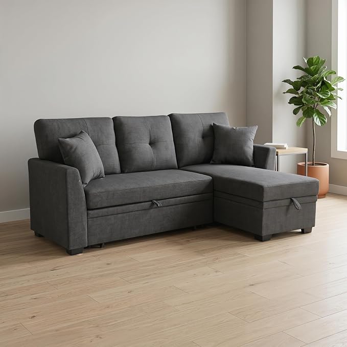 Convertible Sofa Bed, L Shape Sleeper Sofa with Reversible Storage Chaise, Tufted Fabric Sectional Sleeper Sofa with Pull Out Bed for Small Space, Living Room, Apartment, Charcoal Black