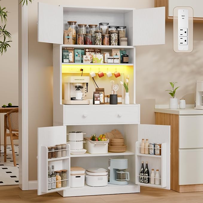 Korfile 71" Tall Kitchen Pantry Storage Cabinet with Power Outlet & LED Light, Freestanding Food Pantry Cabinet with 4 Doors and Shelves, Cupboard with Drawer, Hutch with Microwave Stand, White