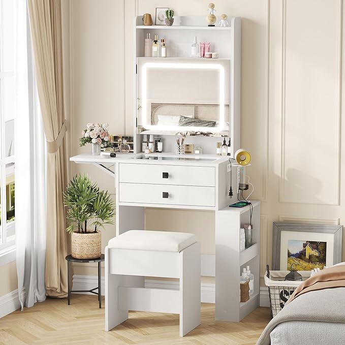 Vabches Small Makeup Vanity Desk with 3 Adjustable Lighted Mirror, White Vanity Set with Fold-up Panel and Charging Station, Glass Top Dressing Table with Drawers and Chair, 2 Hidden Storage Shelves
