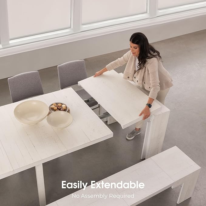 Transformer Table - Solid Wood Extendable Dining Table, Seats 2-12, Expandable Dining Room Table, Space-Saving Furniture, Kitchen and Dining Room Furniture (White, Table + Bench)