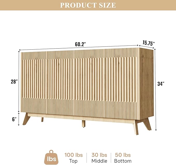 Fatmok 65" Large Sideboard Buffet Cabinet with Storage, Set of 2 Modern Fluted Credenza Buffet Tables with Doors & Adjustable Shelves for Living Room, Kitchen, or Dining Room, Natural Oak