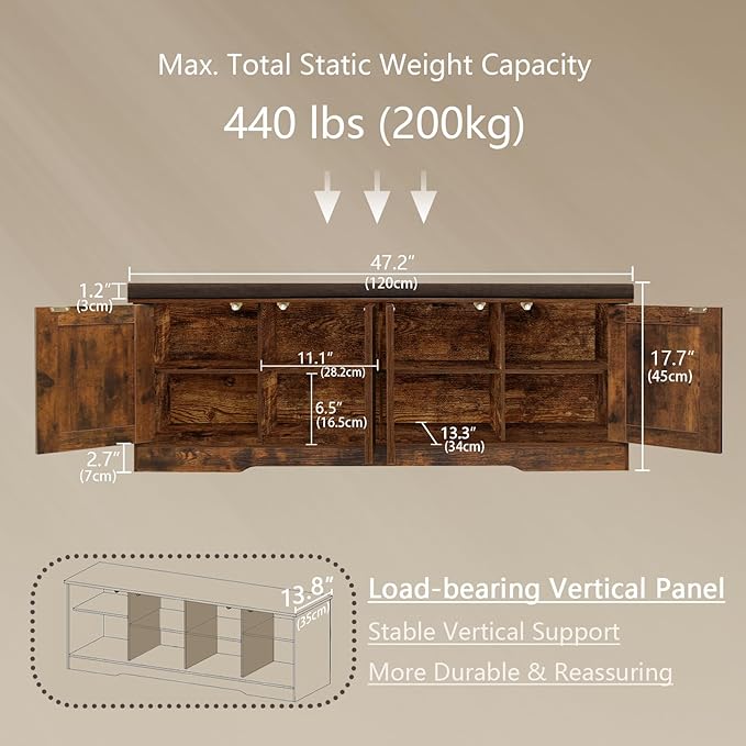 DINZI LVJ Shoe Bench, Entryway Storage Bench with Doors, Cushion, 2-Tier Shoe Rack with 8-Cubby, 47.2”L x 13.8”W Shoe Organizer Cabinet, Adjustable Shelf, Living Room, Bedroom, Rustic Brown