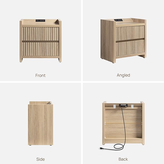 SICOTAS Night Stand Fluted Nightstands with Charging Station- Modern 2 Drawers Nightstand 25" Tall Bedside Table End Table, Large Night Stands for Bedroom, Sofa Side (Light Oak, 1 Piece)