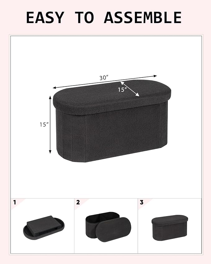 30" Oval Foldable Ottoman with Storage, Teddy Boucle Fabric Footrest, Storage Bench for Living Room, Bedroom, Entryway, Dorm, Darkgrey