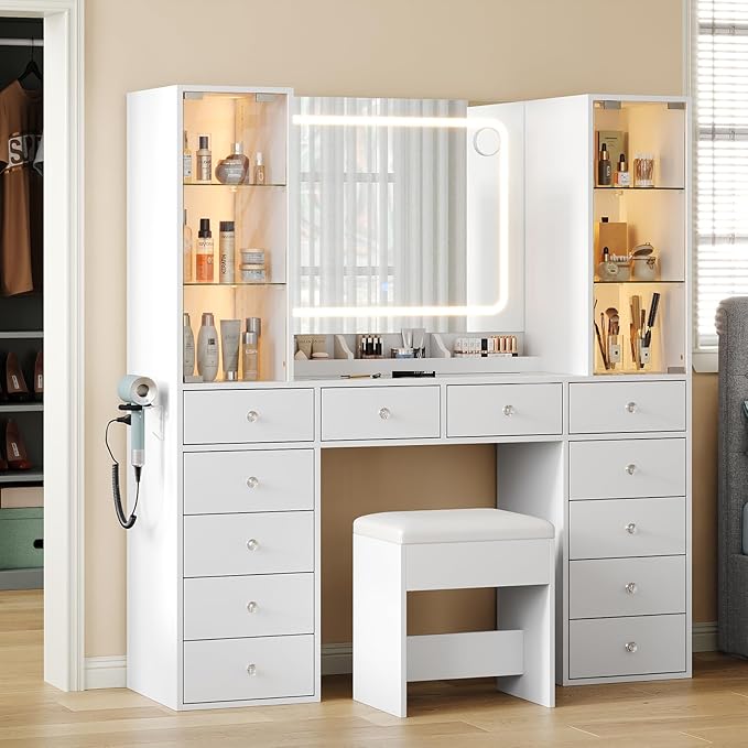 Yanosaku Vanity with 12 Drawers & 2 RBG Lights Cabinets, Makeup Vanity with Mirror and Lights, Vanity Desk with Power Outlet, Tempered Glass Top, Ample Storage, Makeup Vanity Desk for Bedroom, White