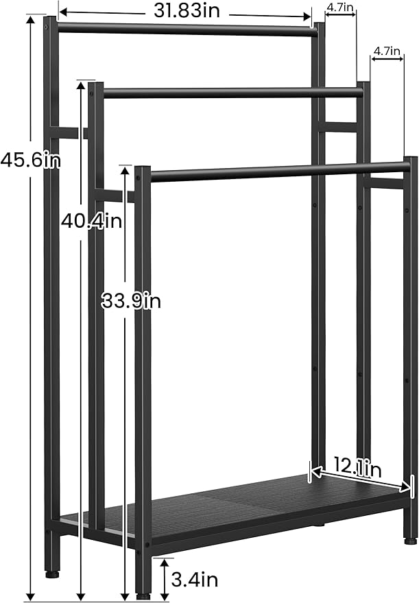 46" Extra Large Freestanding Towel Rack Stand for Bathroom, 3 Tier Blanket Ladder Holder, Outdoor Bath Towel Drying Rack with Shelf, Next to Tub or Shower, Quilt Rack, Black