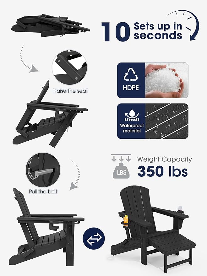 KINGYES Folding Adjustable Adirondack Chair with Ottoman Set of 2, HDPE Outdoor Chair with Retractable Footrest and Cup Holder, Wood-Like Recliner Versatile Adirondack Chair, Black