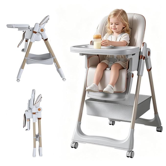 Foldable Baby High Chair with 150° Swing & Recline,Convertible High Chairs for Babies and Toddlers,5 Height Levels,3 Backrest & Footrest Positions,Removable Double Tray,Lockable Wheels (White 1)