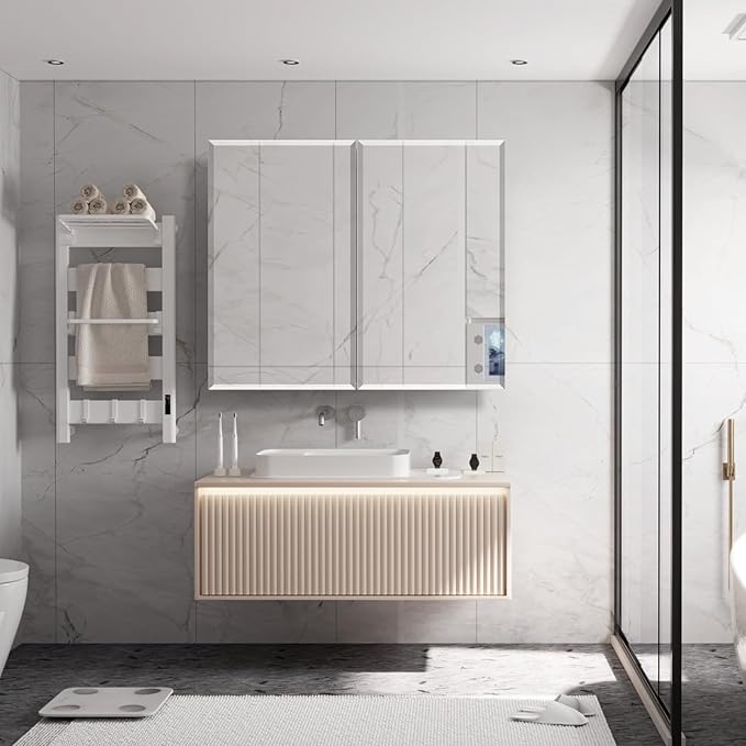 Medicine Cabinet with Mirror, 32x26 Inch Bathroom Mirrored Cabinet with Double Doors, Extra Storage Space, Bevel Mirror Wall Cabinet, Recessed or Surface Mount