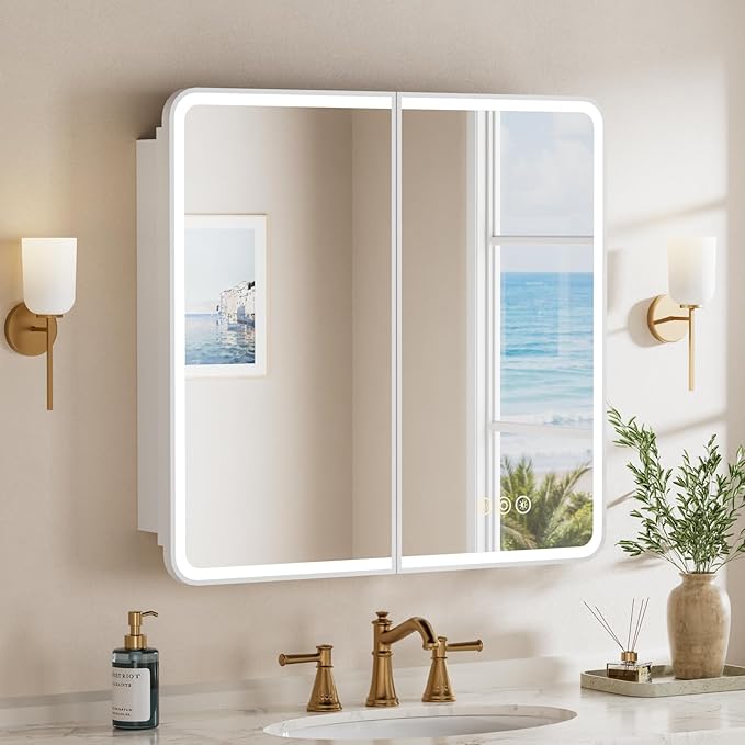 32x30 Inch Medicine Cabinet with Mirror, Recessed or Surface Mount Bathroom Medicine Cabinet with LED Lights, Anti-Fog, Memory Function, Adjustable Shelf, Dimmable Light, ETL Listed, White