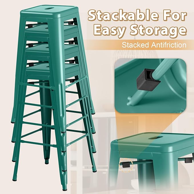 Furmax 30 Inch Metal Bar Stools Set of 4, Counter Height Stools, Industrial Bar Chairs Patio Stool Stackable Stool for Kitchen/Dining Room/Indoor Outdoor(Green, 30'' Backless)