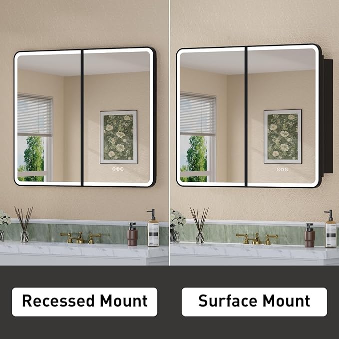 32 x 30 Inch Recessed Medicine Cabinet Mirror with Lights, Wall Mounted LED Bathroom Mirror Cabinet, Dimmable, Anti-Fog, Memory Function, 3 Color Modes, Adjustable Shelf, ETL Certified, Black