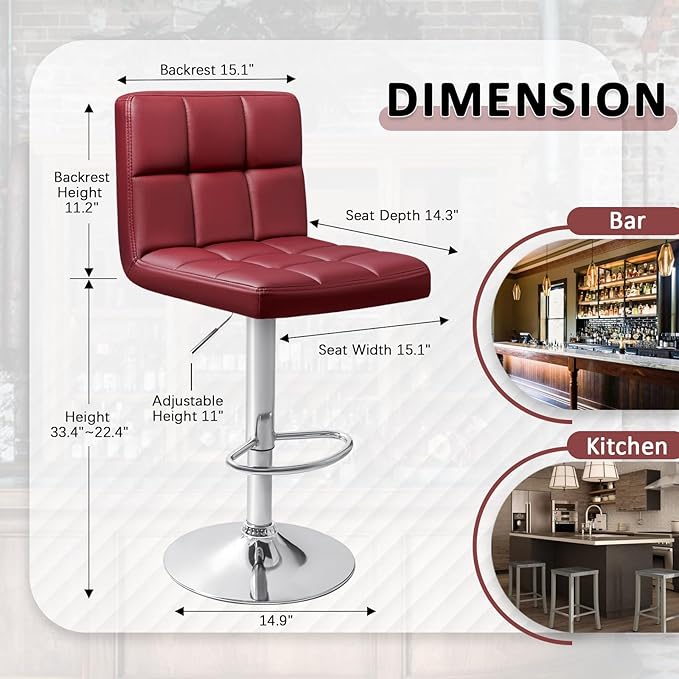 Homall Bar Stools Modern PU Leather Adjustable Swivel Barstools, Armless Hydraulic Kitchen Counter Bar Stool Extra Height Square Island Barstool with Back Set of 2 (Wine Red)