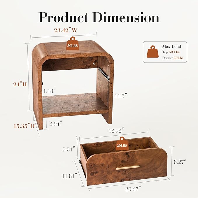 Night Stand [Unique Curved Profile] [FSC-Certified Wooden Board] 1-Drawer and 1 Storage Shelf Nightstand 24" H Metal Handle Modern Bedside Table Side Table End Table