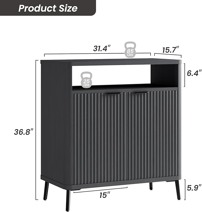 Fatmok Fluted Buffet Cabinet with Storage, 31.4" Wide Wood Sideboard Credenza with 2 Doors & Open Storage Shelf, Modern Coffee Bar Table for Living Room Kitchen Dining Room,Black Grey