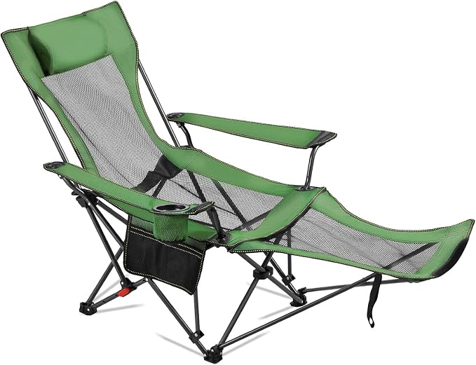 VEVOR 2-in-1 Reclining Camping Chair with Footrest for Adults, 4 Adjustable Positions, Portable Folding Lounger, Lightweight Mesh Beach Chair Supports 220lbs, Heavy Duty Camp Chairs Outdoor, Green