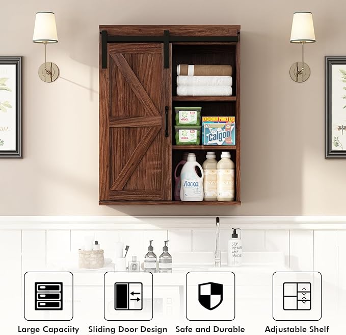 RUSTOWN Farmhouse Wood Wall Storage Bathroom Cabinet with Sliding Barn Door, Rustic Medicine Cabinet with Adjustable Shelf, 3-Tier Vintage Cabinet for Kitchen Dining, Bathroom, Living Room (Walnut)