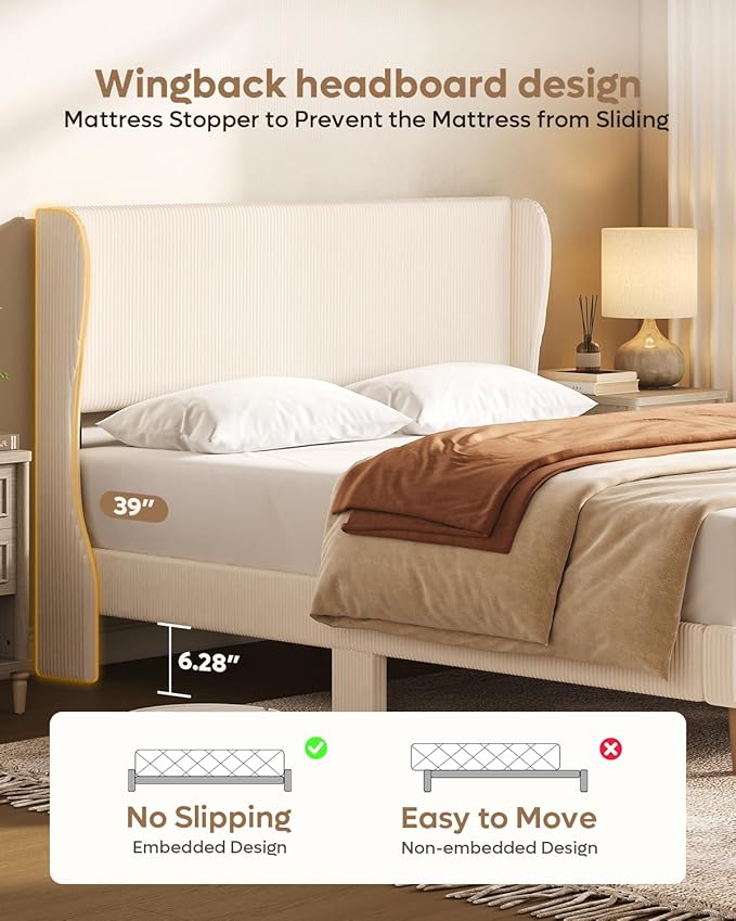 Bestier Queen Bed Frame with Wingback Headboard,Platform Queen Size Upholstered Bed with Strong Wooden Slats,No Box Spring Needed,Never Squeaks,Easy Assembly,Beige