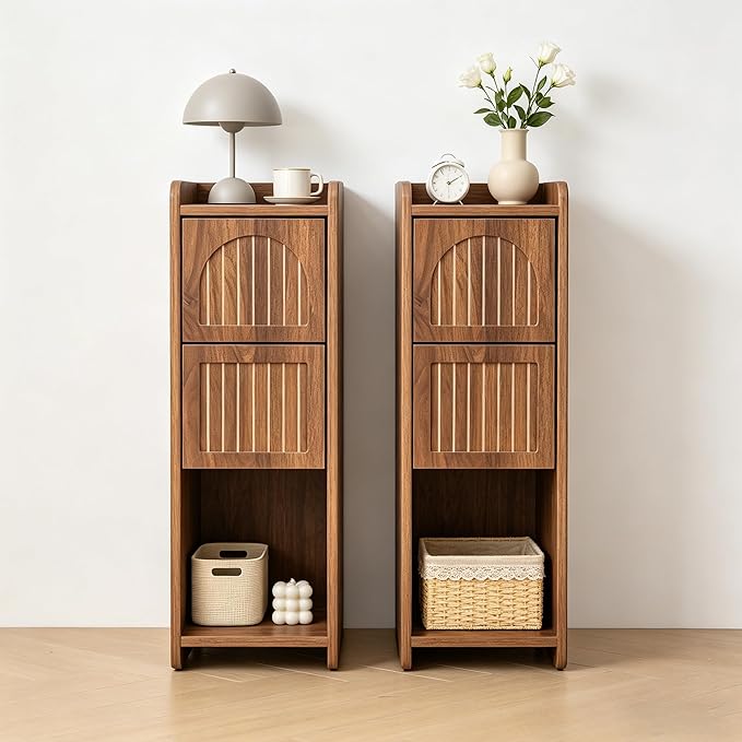 Narrow Nightstand Set of 2, Wooden Small 2 Drawer Nightstand, Slim Side End Table, Skinny Bedside Table, Mid Century Modern Night Stand with Drawers, for Living Room (Deep Walnut-2 pcs)