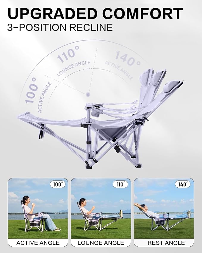 MOBI GARDEN Reclining Camping Chair with Foot Rest, 4-Position Adjustable Folding Lounge Chair for Adults, Portable & Detachable Footrest, Lavender